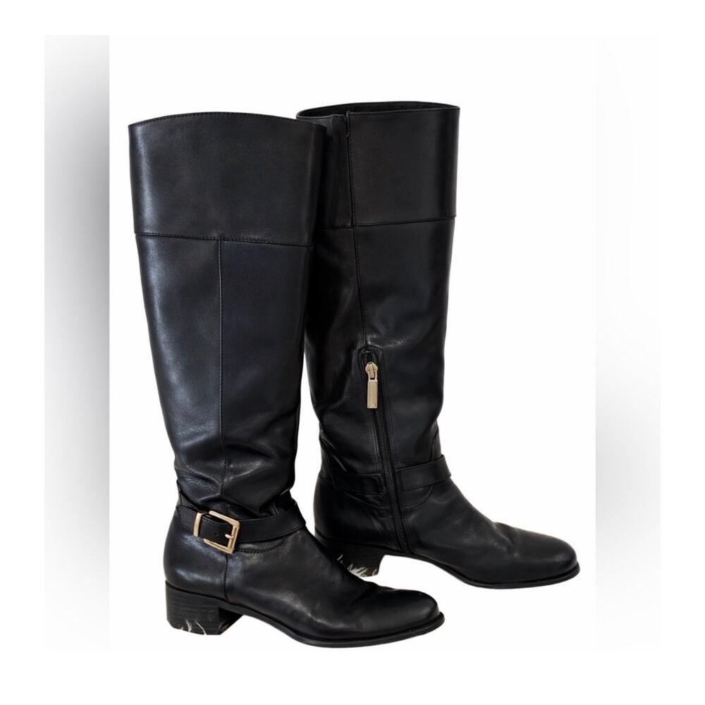 Banana Republic Black Leather Riding Boots 8 Gold Buckle Zip Classic Equestrian